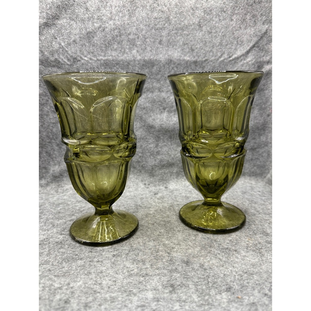Vintage Olive Green Thumbprint Glass Stemware Set Goblets and Tumblers 2pc